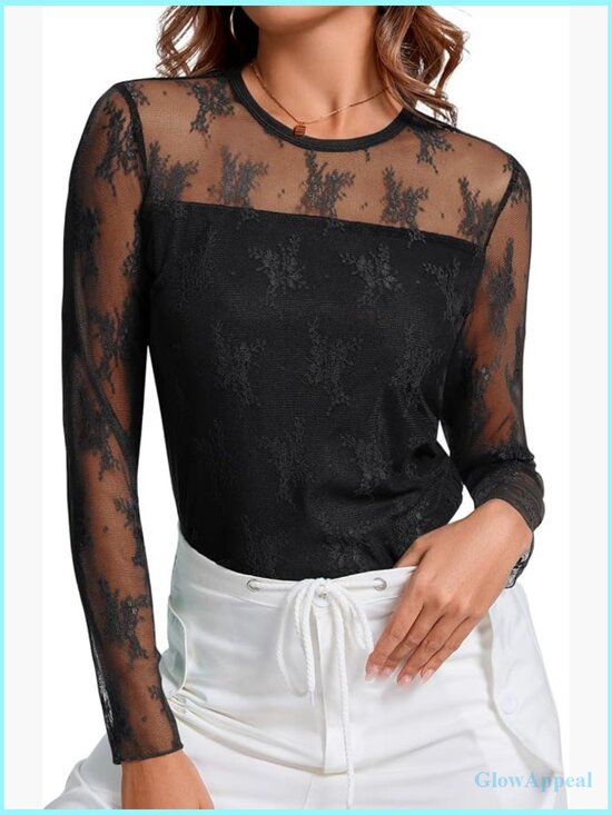 Tops - Sheer Mesh Long Sleeve Top Crew Neck Double Layered Tee Shirt Party Club